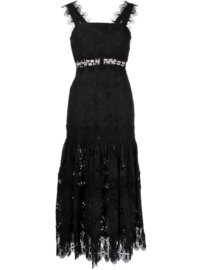 Waimari Sireneusse Lace-trimmed Broderie Anglaise Cotton-poplin Midi Dress In Black