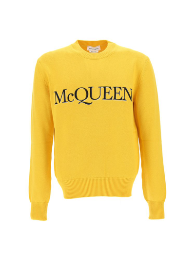 Alexander Mcqueen Man Pop Yellow Crew Neck Sweater With Mcqueen Embroidery