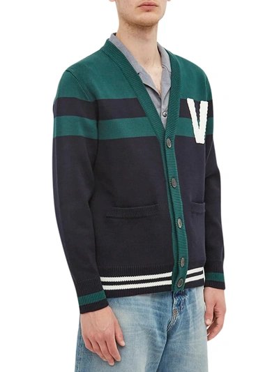 Valentino Logo-appliqué V-neck Cotton-knit Cardigan In Navy/english Green