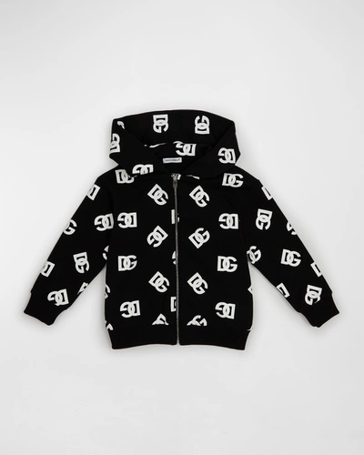 Dolce & Gabbana Kids' Logo Print Zip Cotton Hoodie In White,black