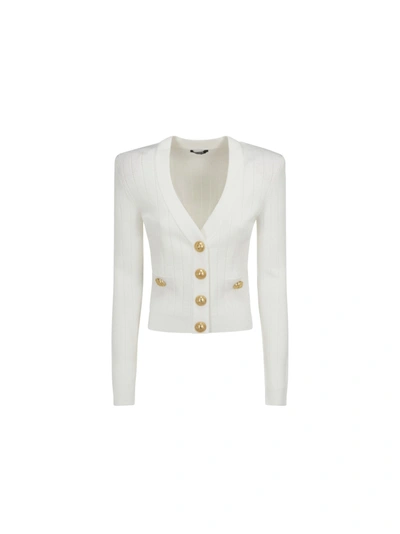 Balmain Buttoned Cropped Knitted Cardigan In White
