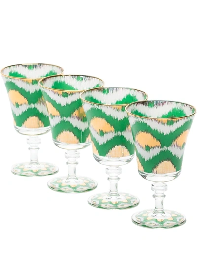 Les-ottomans Ikat-print Glasses (set Of 4) In Green