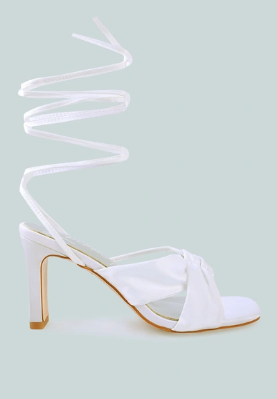 London Rag Chasm Ruched Satin Tie Up Block Heeled Sandals In White