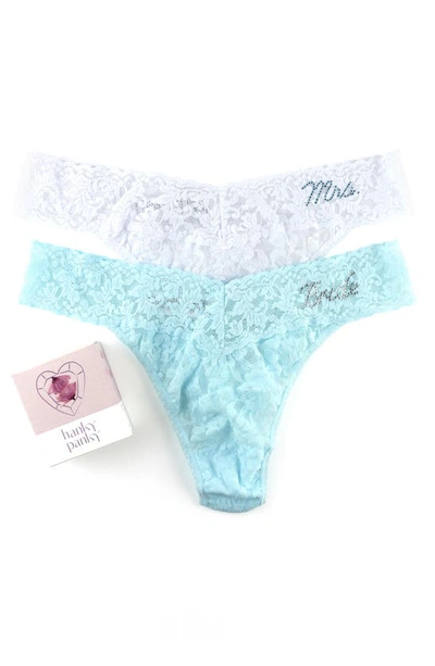 Hanky Panky Bride & Mrs. Original-rise Lace Thong Gift Set In Celestial Blue,white