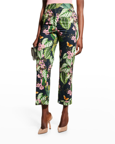 Oscar De La Renta Women's Mixed Botanical Skinny Cotton Poplin Trouser In Navy Multi