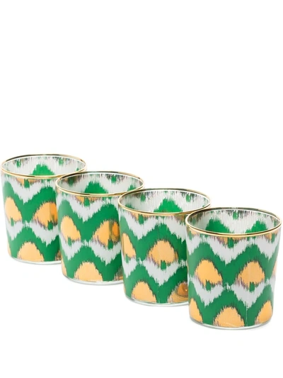 Les-ottomans Ikat-print Water Glasses (set Of 4) In Green