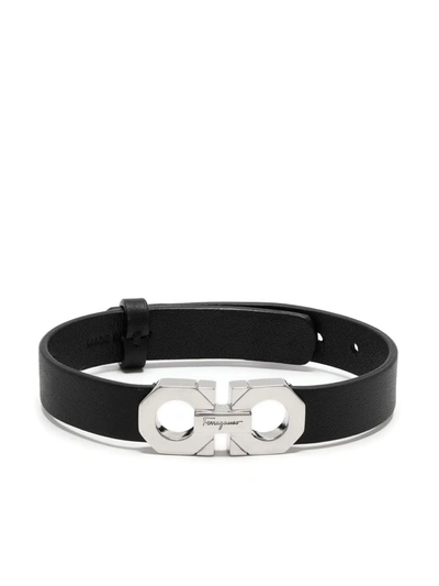 Salvatore Ferragamo Gancini-logo Leather Bracelet In Black