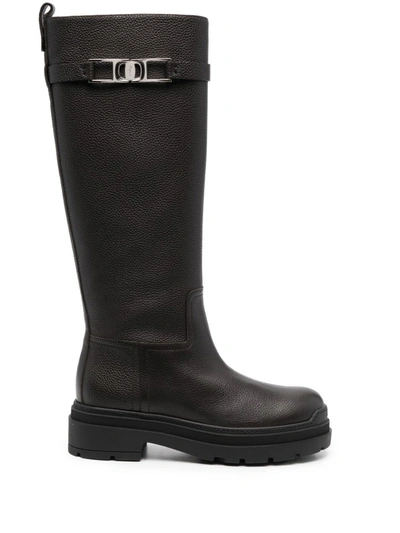 Salvatore Ferragamo Ryder Buckle-embellished Knee-high Boots In Black