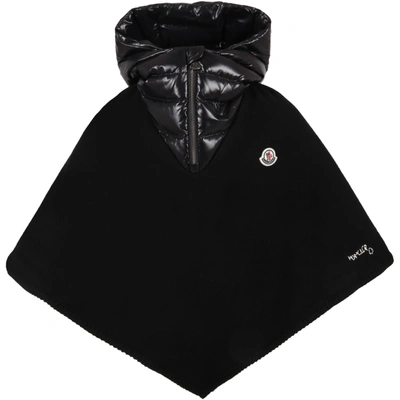 Moncler Kids' Black Poncho For Boy With Patch Logo And White Logo In Nero