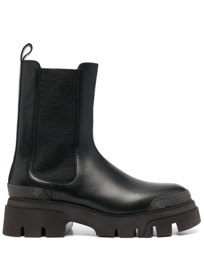Brunello Cucinelli Leather Chelsea Boot With Precious Detail In Black