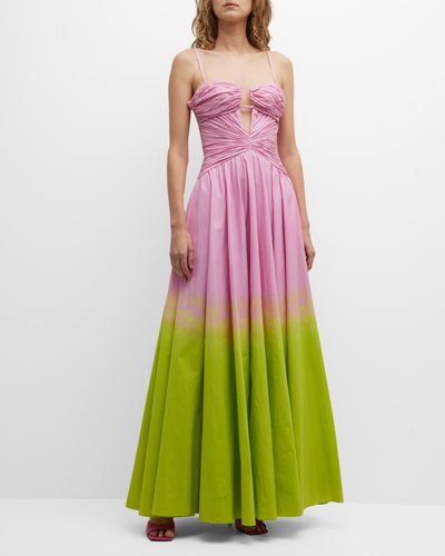 Brandon Maxwell Plunging Ruched Bow Bustier Ombre Gown In Green,pink