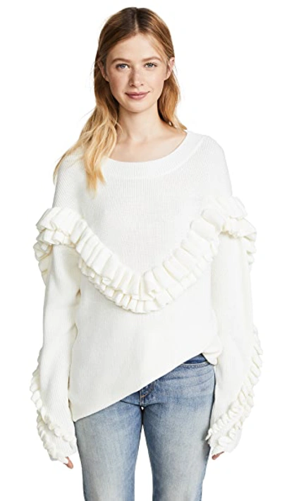 Frame Ruffle-yoke Ribbed Jumper In Off White