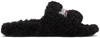 Balenciaga Campaign-logo Faux-shearling Slides In Black