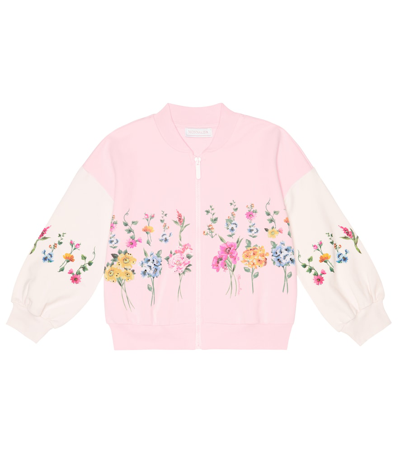 Monnalisa Kids' Floral Cotton-blend Bomber Jacket In Dusty Pink + Ecru