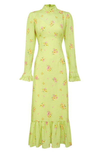 Alemais Clementine Floral Long Sleeve Linen Maxi Dress In Lime