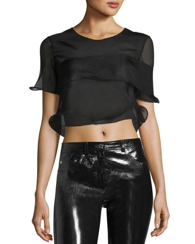 Helmut Lang Ruffled Sheer Silk Cropped Top In Black