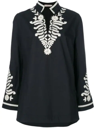 Tory Burch Embellished Tory Tunic Top In Black Ivory