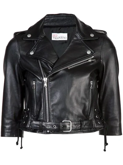 Red Valentino 3/4-sleeve Dragonfly Leather Moto Jacket In 0no - Black