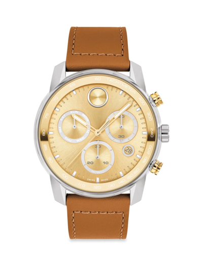 Movado Men's Swiss Chronograph Bold Verso Brown Leather Strap Watch 44mm In Gold