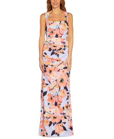 Adrianna Papell Plus Size Square-neck Floral-print Gown In Opal Coral