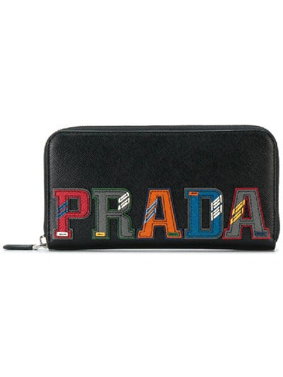 Prada Character Saffiano Leather Zip Wallet In Black