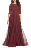 La Femme Embellished Bodice Tulle Ballgown In Garnet