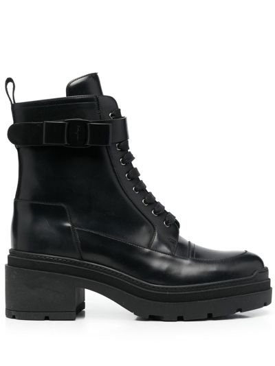 Ferragamo Chunky Leather Biker Boots In Black