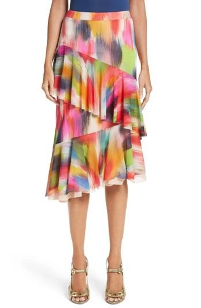 Fuzzi Ruffle Print Tulle Midi Skirt In Multicolor