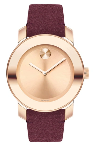 Movado Bold Iconic Suede Strap Watch, 36mm In Rose Gold/maroon