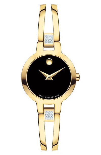 Movado Women's Swiss Amorosa Diamond-accent Gold-tone Pvd Stainless Steel Bangle Bracelet Watch 24mm In Gold,black