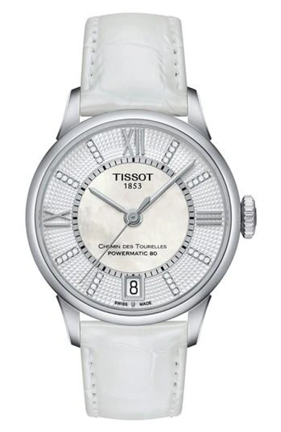 Tissot Chemin Des Tourelles Diamond Leather Strap Watch, 32mm In White/ Mother Of Pearl/ Silver