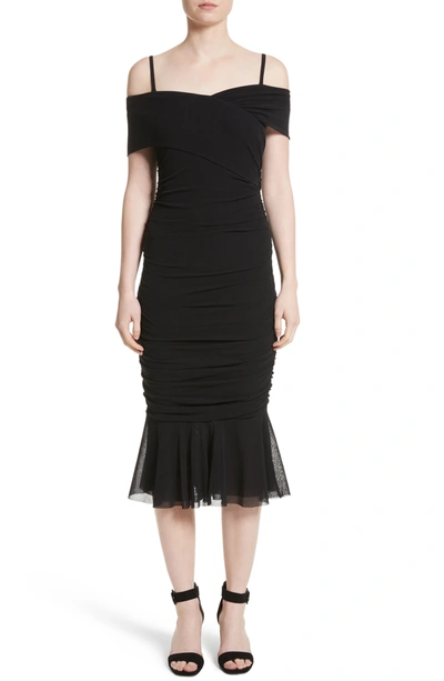 Fuzzi Ruched Tulle Cold Shoulder Dress In Nero