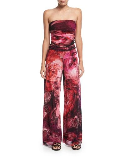 Fuzzi Strapless Tulle Floral-print Jumpsuit Coverup In Lima