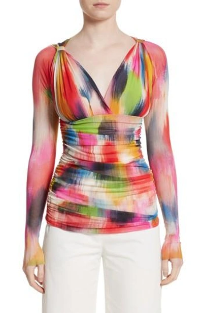 Fuzzi Brushstroke Print Ruched Tulle Top In Multicolor