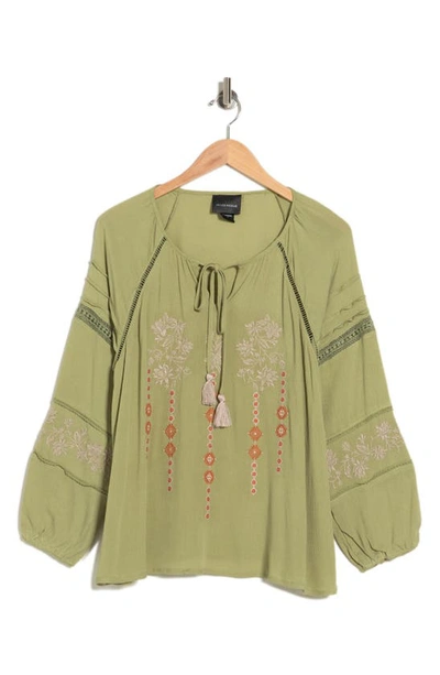 Forgotten Grace Embroidered Keyhole Long Sleeve Tunic Top In Deep Sage