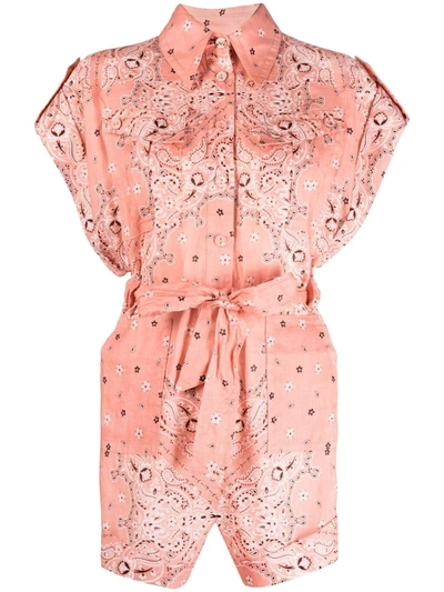 Zimmermann Violet Roll-cuff Printed Linen Playsuit In Pink