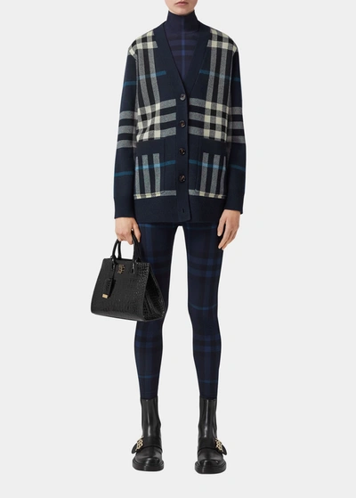 Burberry Willah Check Wool Blend Over Cardigan In Dark Charcoal Blue