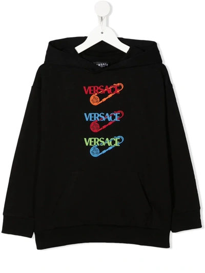 Versace Kids' Safety Pin Embroidered Cotton Hoodie In Black