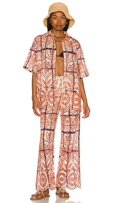 Free People Better Suited Eyelet Button-up Shirt & Pants In Orange