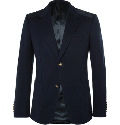Gucci Navy Slim-fit Suede-trimmed Stretch-cotton Blazer In Blue