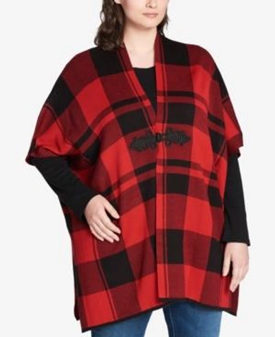 Tommy Hilfiger Plus Size Buffalo Plaid Hook-front Jacket, Created For Macy's In Black/scarlett