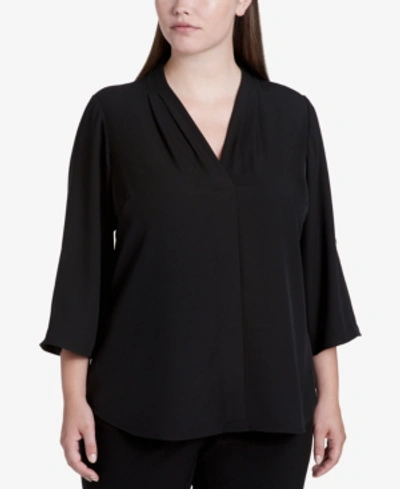 Calvin Klein Plus Size Pleated-neck Blouse In Black