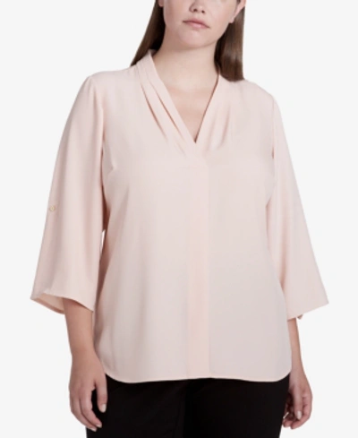 Calvin Klein Plus Size Pleated-neck Blouse In Blush