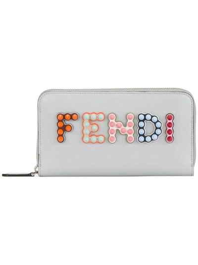 Fendi Blue Leather Zip Around Wallet With Candy Logo