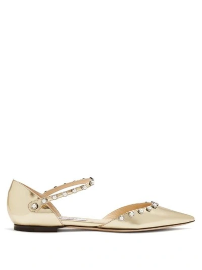 Jimmy Choo Leema Faux Pearl-embellished Mirrored-leather Point-toe Flats In Gold