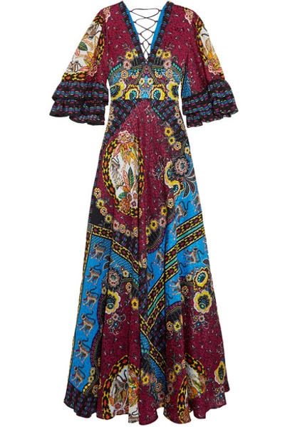 Etro Ruffled Silk-jacquard And Printed Crepe De Chine Maxi Dress In Red