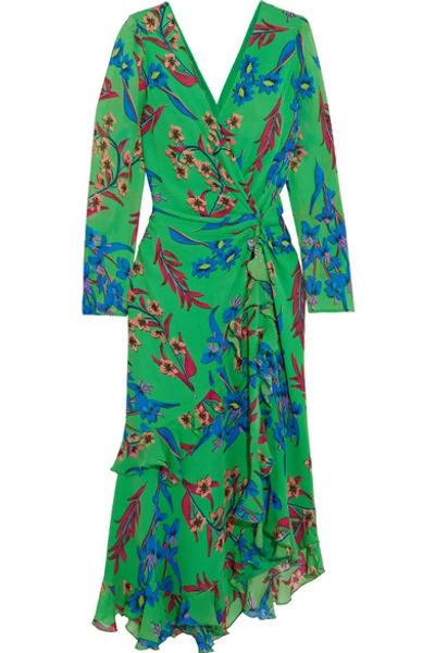 Etro Twist-back Ruffled Asymmetric Floral-print Silk-crepon Midi Dress In Green