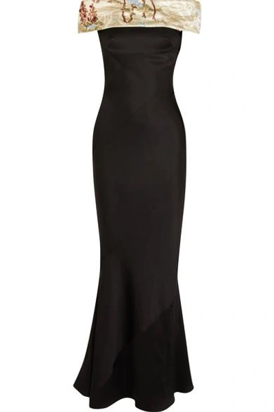 Giorgio Armani Embellished Off-the-shoulder Silk-blend Satin Gown In Black