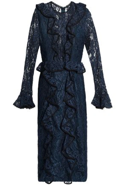 Alexis Ruffle-trimmed Corded Lace Dress In Navy, Blue