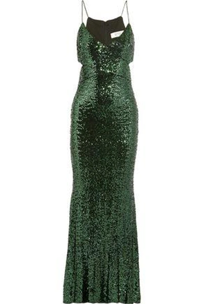 Badgley Mischka Cutout Sequined Tulle Gown In Emerald